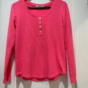 LOFT Bright Pink Waffle Henley Knit Long Sleeve Tee
